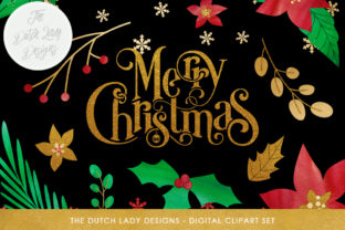 Download Christmas Floral Clipart Set - Flowers, Branches, Leafs, Text & Snowflake Confetti - Red, Green, Gold - Branches Collection